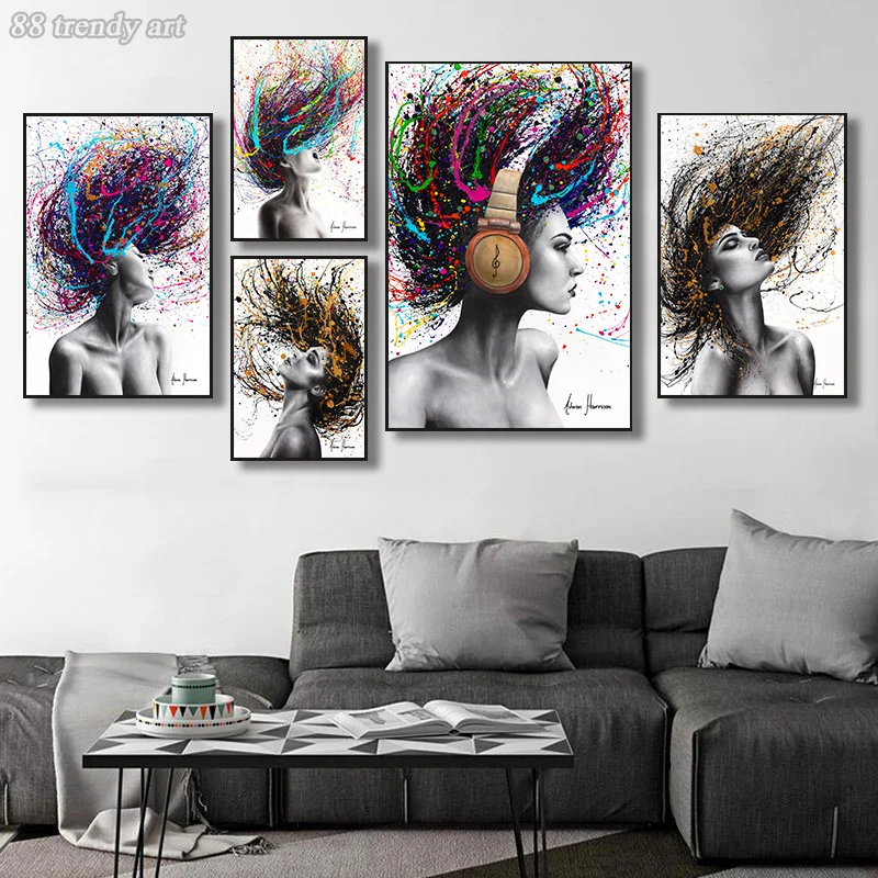 Abstract Colorful Hair Woman Canvas Oil Painting Posters Prints Fashion Fugure Wall Art Pictures Modern Home Living Room Decor