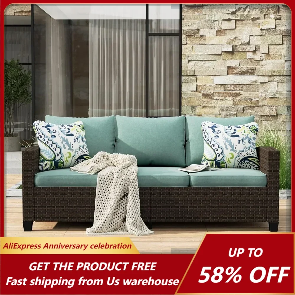 Outdoor Patio Sofa, 3-Seat Wicker Couch with Waterproof Thick Cushions, Deep Seating Furniture for Garden Porch Backyard