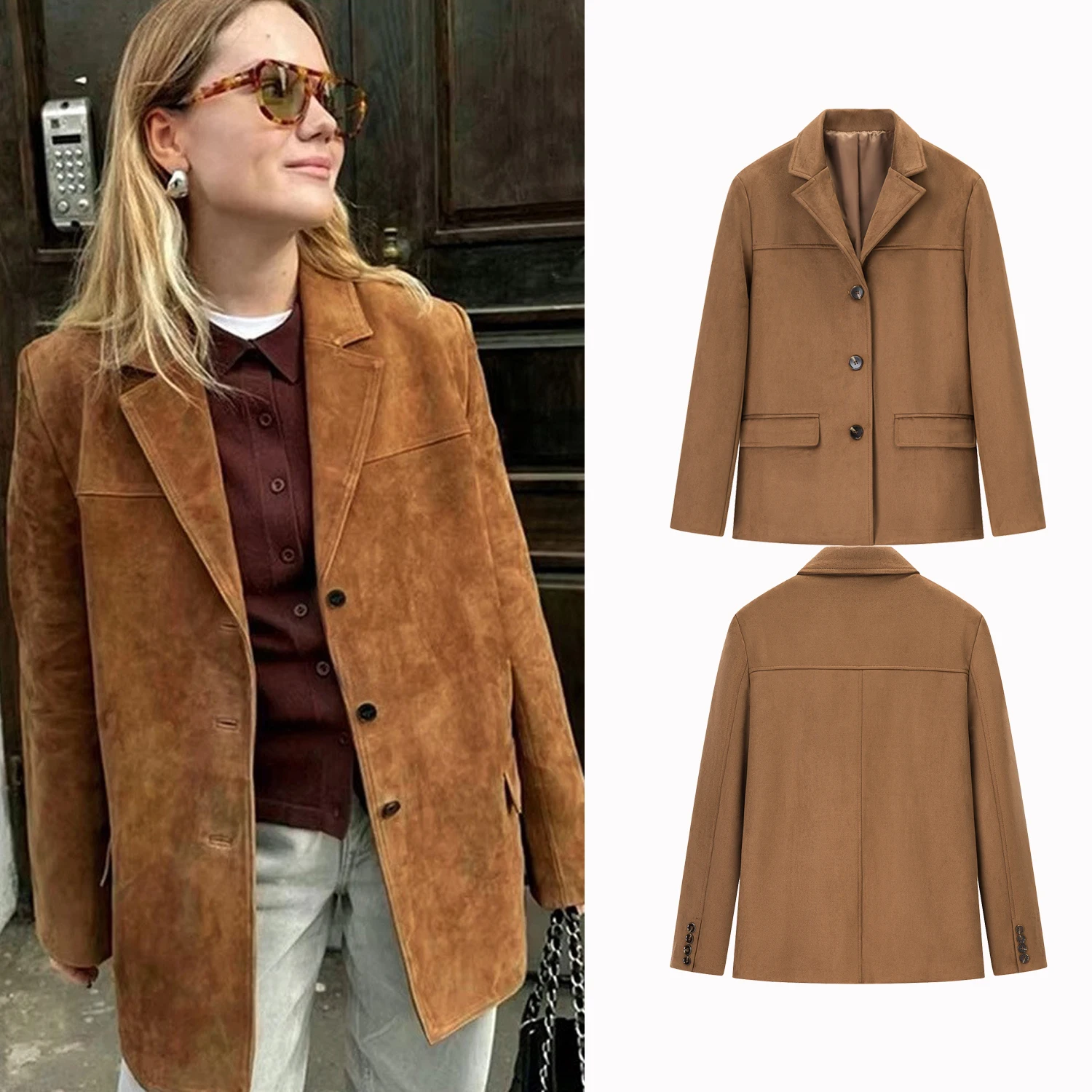 

2025 Autumn Winter Women's Suede Jacket Coat Vintage Casual Clothes Pocket Decorations Loose Long Sleeve Suit Outerwear