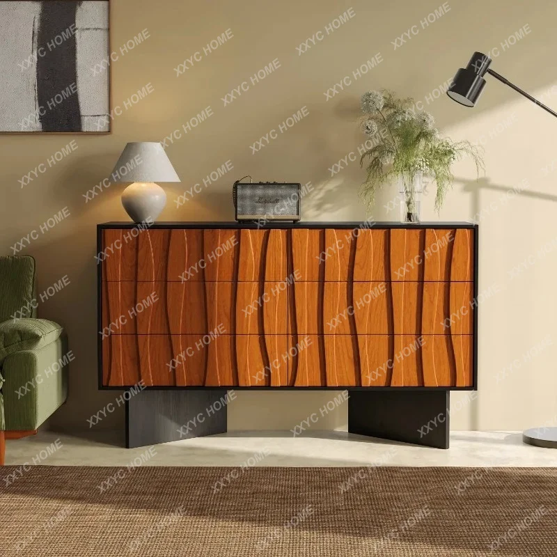 Medieval solid wood wave retro carving simple living room bedroom storage side cabinet