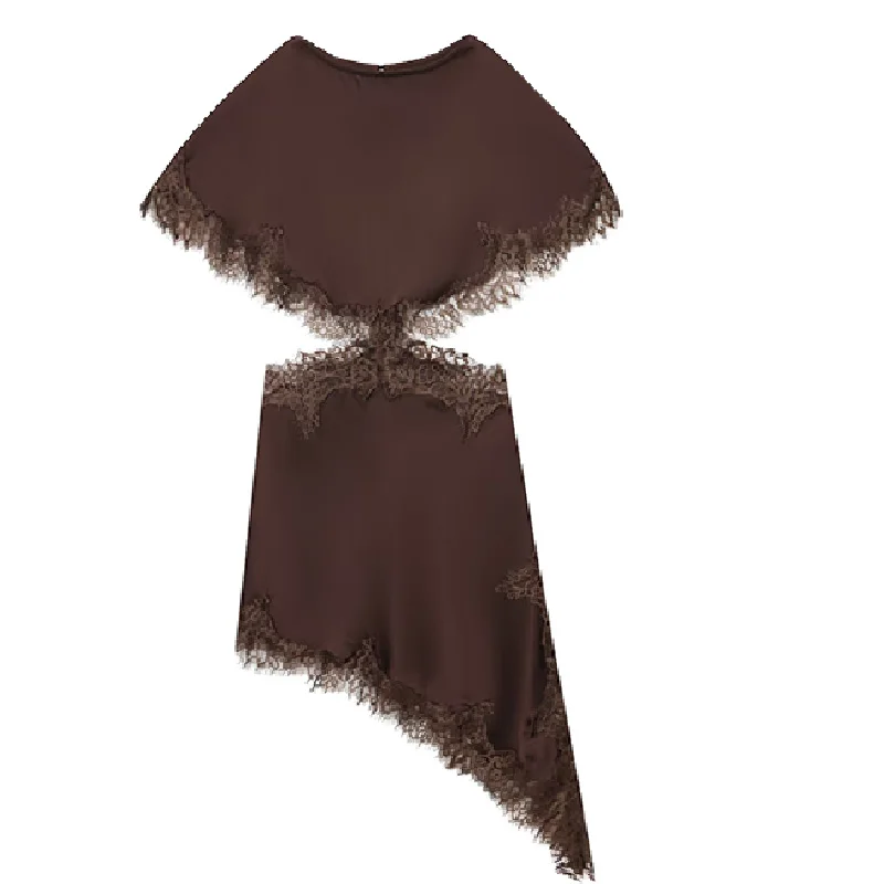 HXAO Abito da donna in pizzo Abito sexy con cut-out marrone Donna Abiti da festa eleganti asimmetrici Abito nero midi con maniche a mantella da donna