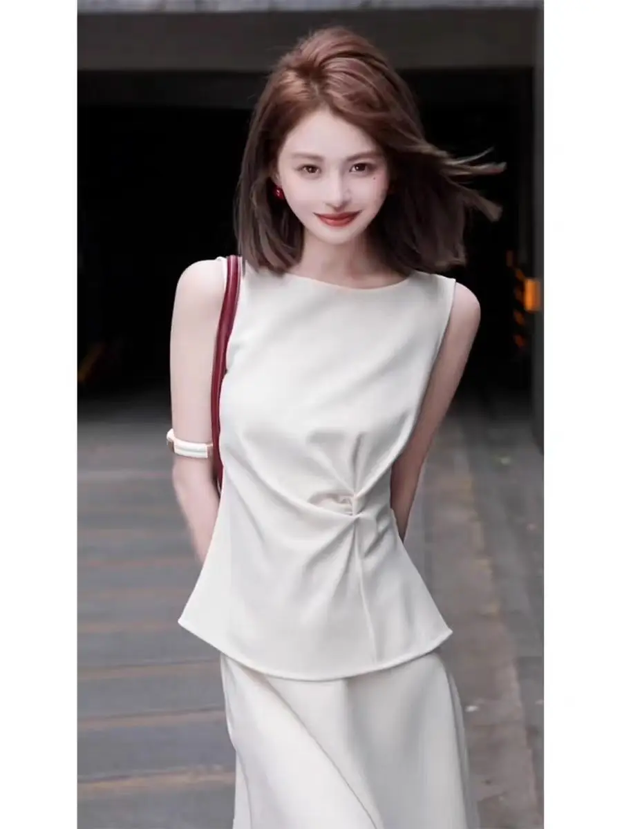 

New High End Summer Elegant 2 Piece Set Women O-neck Sleeveless Slim Blouse Top + A-line Skirt Solid Color Casual Women's Suit