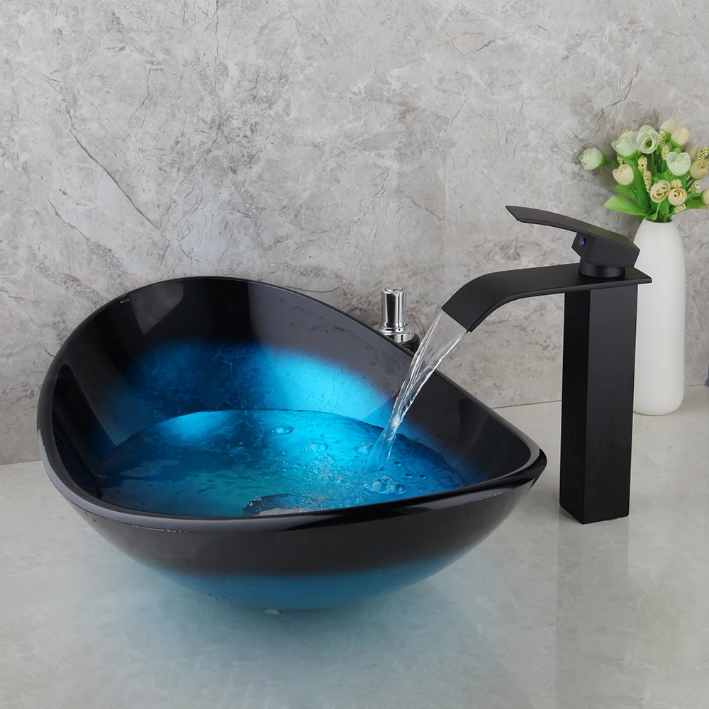 KEMAIDI Bathroom Basin Sink Faucet Combo Tempered Glass Sinks with Waterfall Faucets Blue Veseel Sink Washbasin Mixer Set