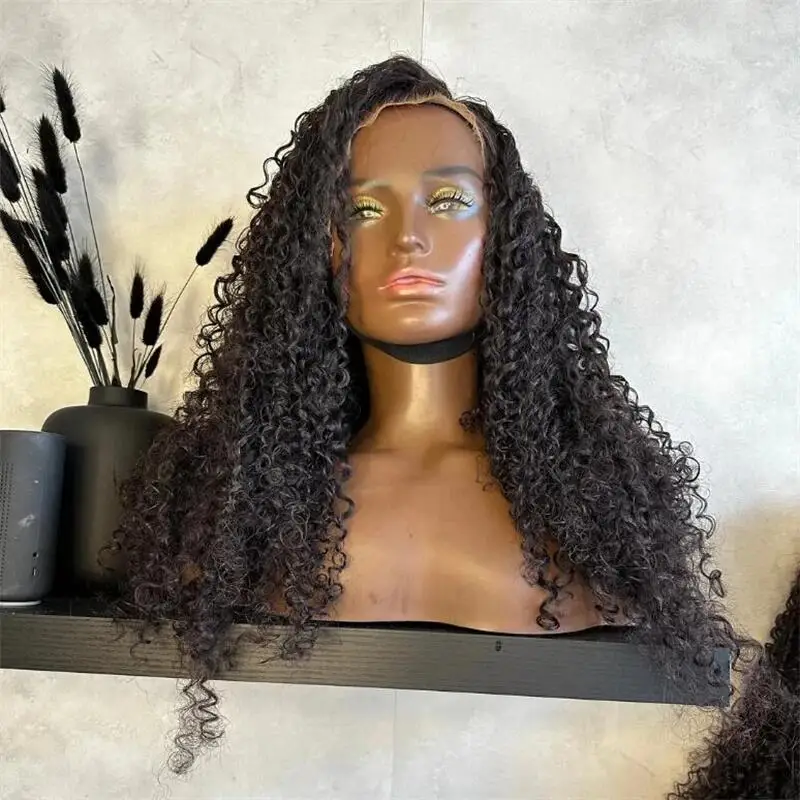 Perruque Lace Front Wig sans colle noire bouclée crépue douce pour femme, cheveux de bébé, cheveux synthétiques pré-épilés, degré de chaleur, longue densité 180, 26 po