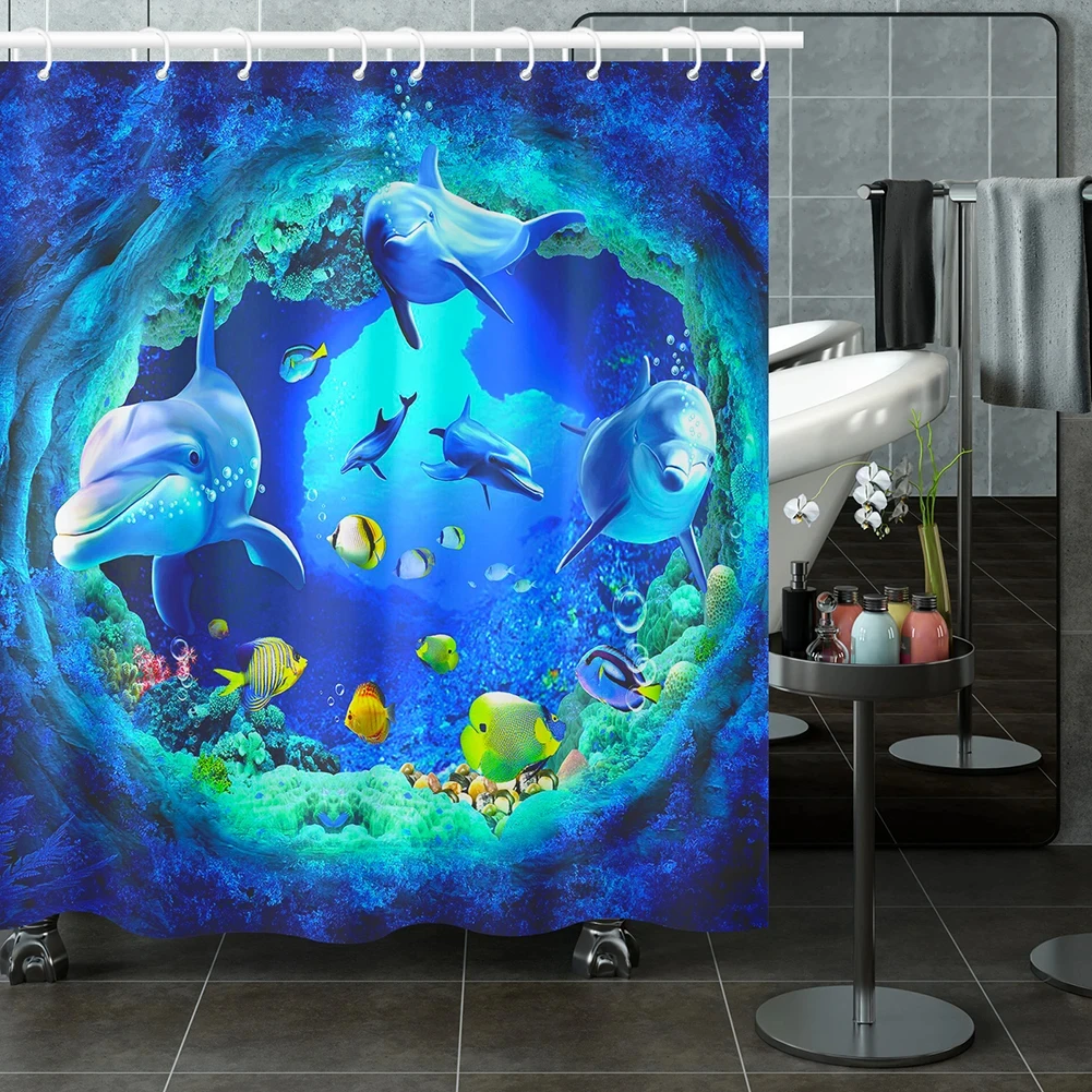 Dolphin Shower Curtain Blue Underwater World Marine Life Polyester Fabric Kids Ocean Theme Bathroom Decor Set with 180 * 180CM