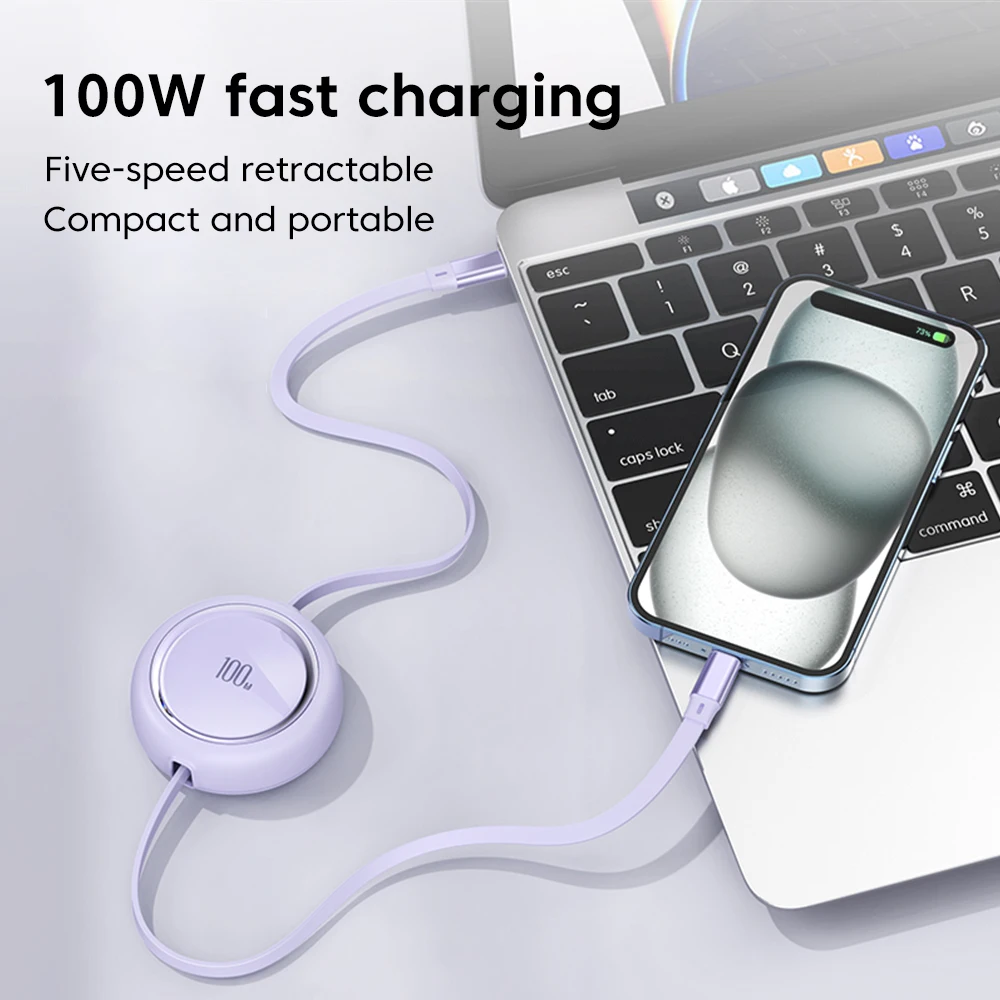 PD 100W Retractable Type C to USB C Fast Charge Data Cable For iPhone 15 MacBook Samsung Xiaomi USB C To Lightning Cable