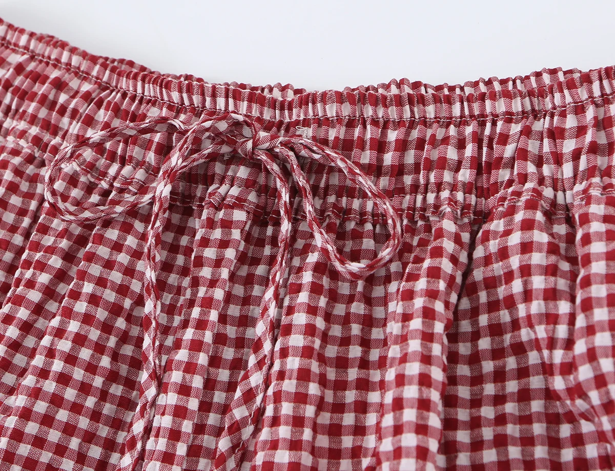 KONDALA Damen Lässige Schicke Rote Karierte Laternenhose 2026 Sommer Trendige Street-Style Urlaubshose mit Kordelzug Elegante Damen-Bloomers – Detail 6