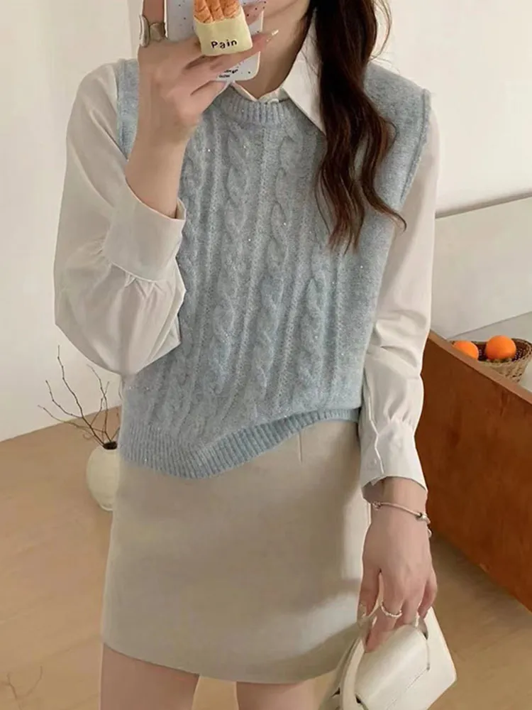 

Faionable Glitter Design Knitted Sweater Color Layering Svel Vest Loose Fit Anti-Aging round Ne Pullover Top
