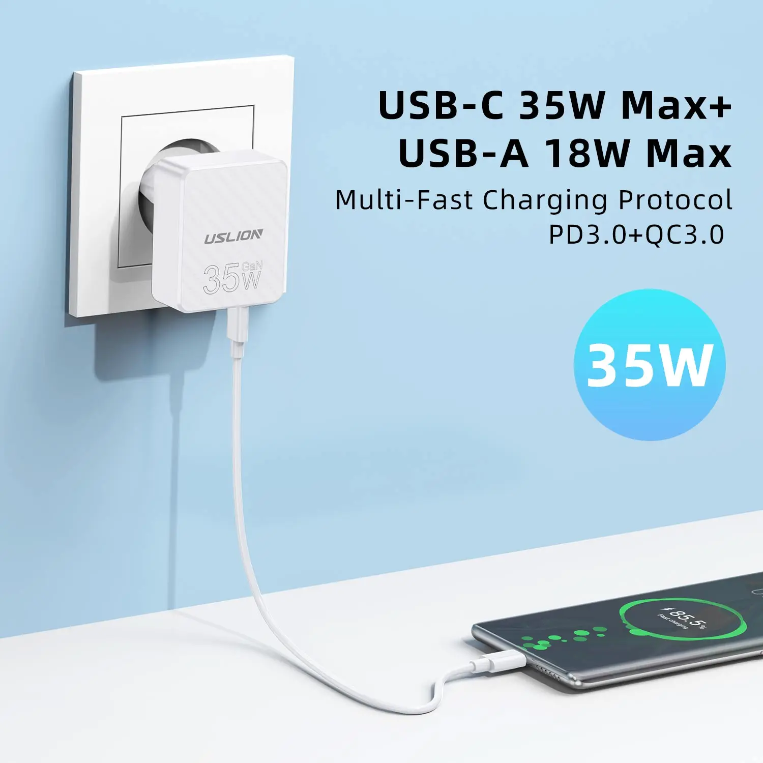 EU/US/KR Plug PD 35W USB C Cable QC3.0 Type C GaN Fast Charger for iPhone 15 Pro Samsung Xiaomi Huawei Universal Quick Charger