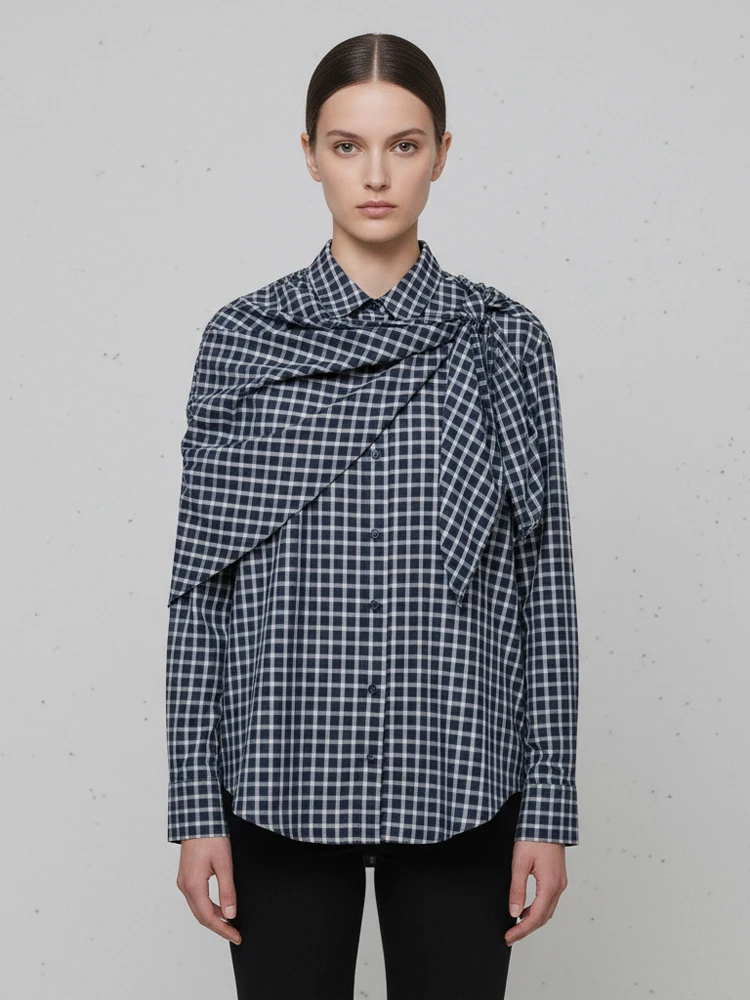 

Women Lapel Lace-up Plaid Shirt Casual Round Neck Full Sleeve Loose Short Tops 2026 Spring New Fashion Commute Street Shirts