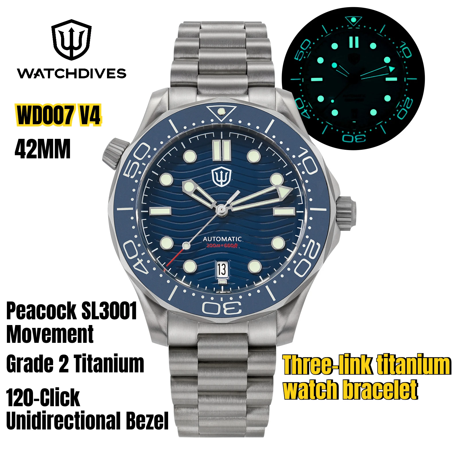 Watchdives WD007 V4 42mm Watch SL3001 Automatic Movement Titanium NTTD Wristwatch Domed Sapphire Crystal Luminous Watch