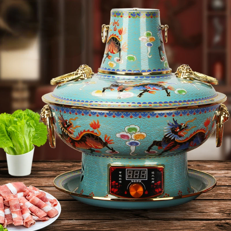 Cloisonne Electric Charcoal Dual-purpose Copper Hot Pots Chinese Plug-in Copper Pot Pure Copper Hotpot Old Beijing Chafing Dish