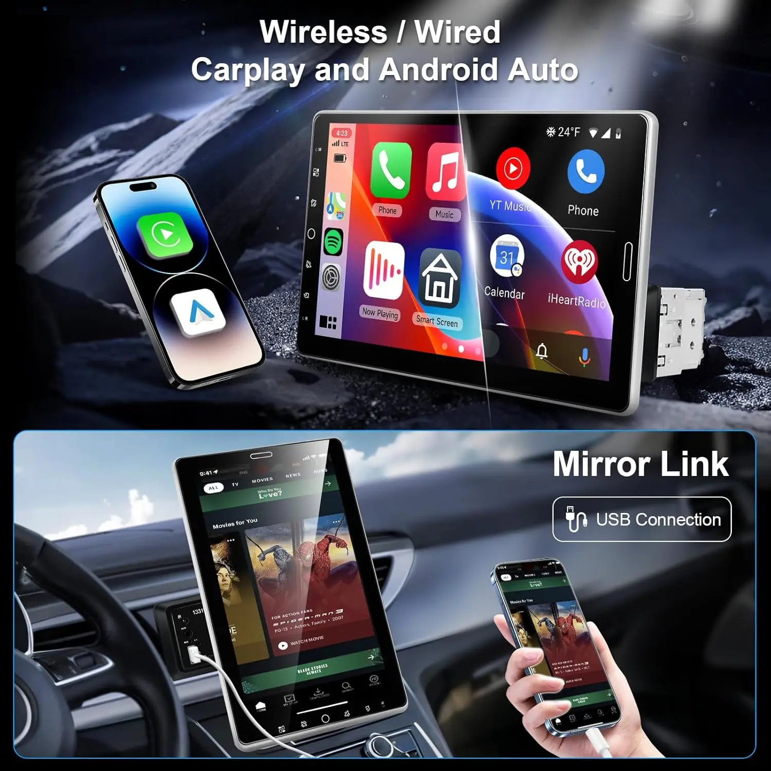 10.1인치 수직 회전형 카 스테레오 (무선 카플레이 & 안드로이드 오토, 블루투스, GPS, FM/RDS, USB/AUX, 후방 카메라 포함)