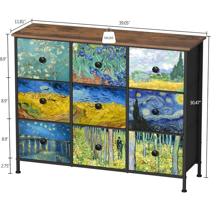 Van Gogh 9 Drawers Dresser Wide TV Stand Colorful Dressers & Chest of Drawers Enterway Furniture