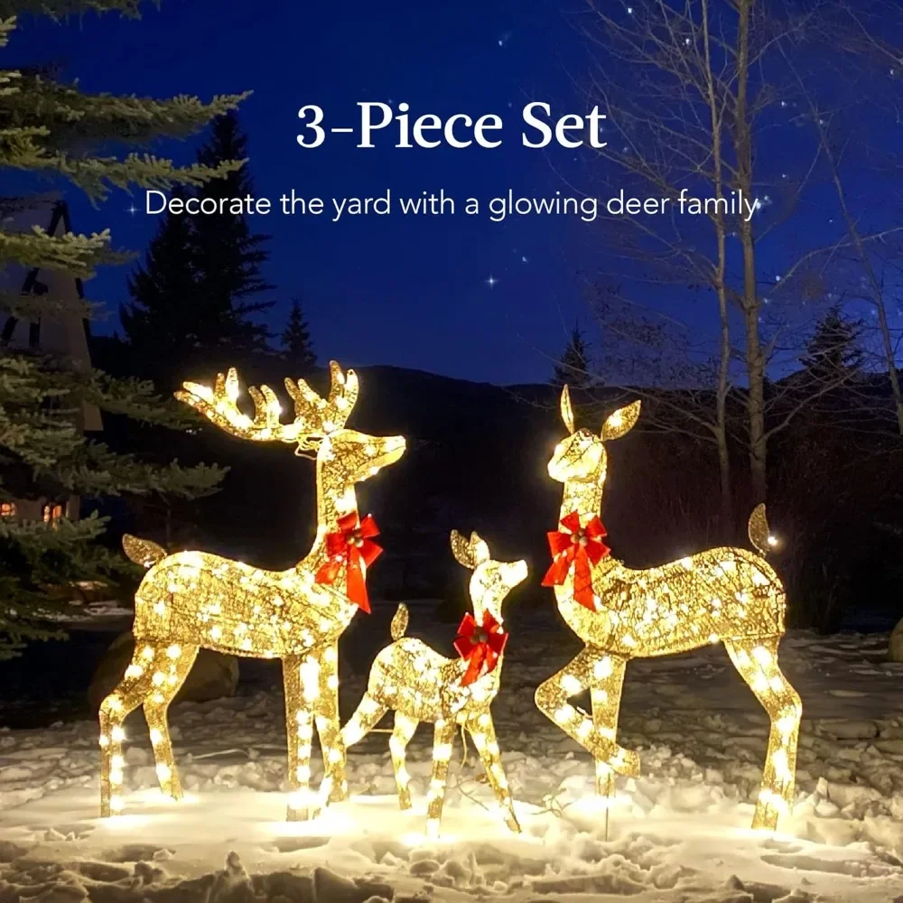 

3-Piece Large Lighted Christmas Deer Family Set 5Ft Outdoor Yard Decoration with 360 LED Lights, Stakes, Ziip Ties - White