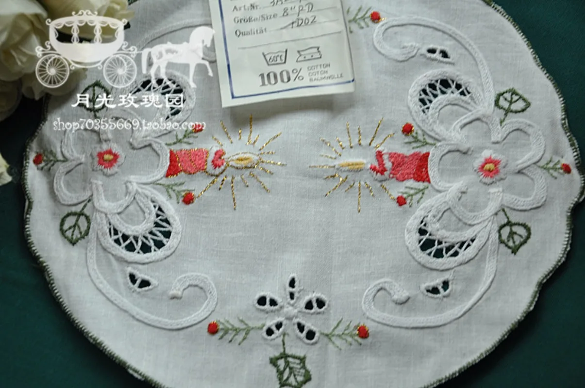 4PCS White Pure Cotton Christmas Style Round Coaster Decorative Handkerchief