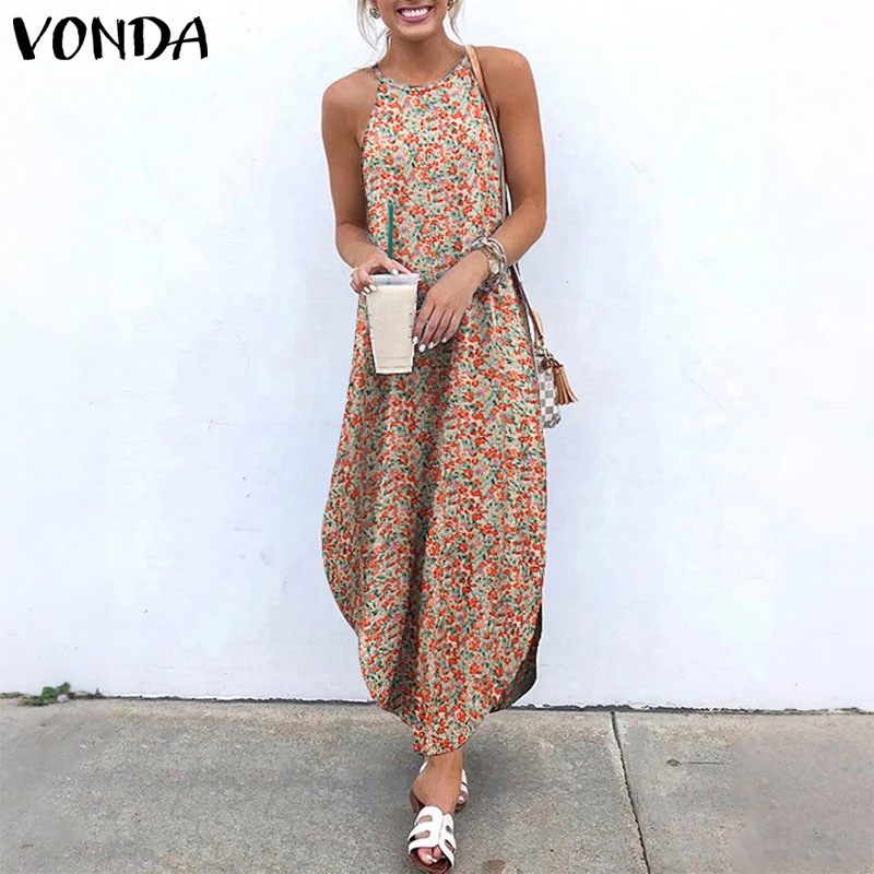 

Пляжное платье-сарафан VONDA 2026 летнее макси, больших размеров 5XL, женское, сексуальное, без рукавов, с асимметричным подолом, на бретельках, с принтом