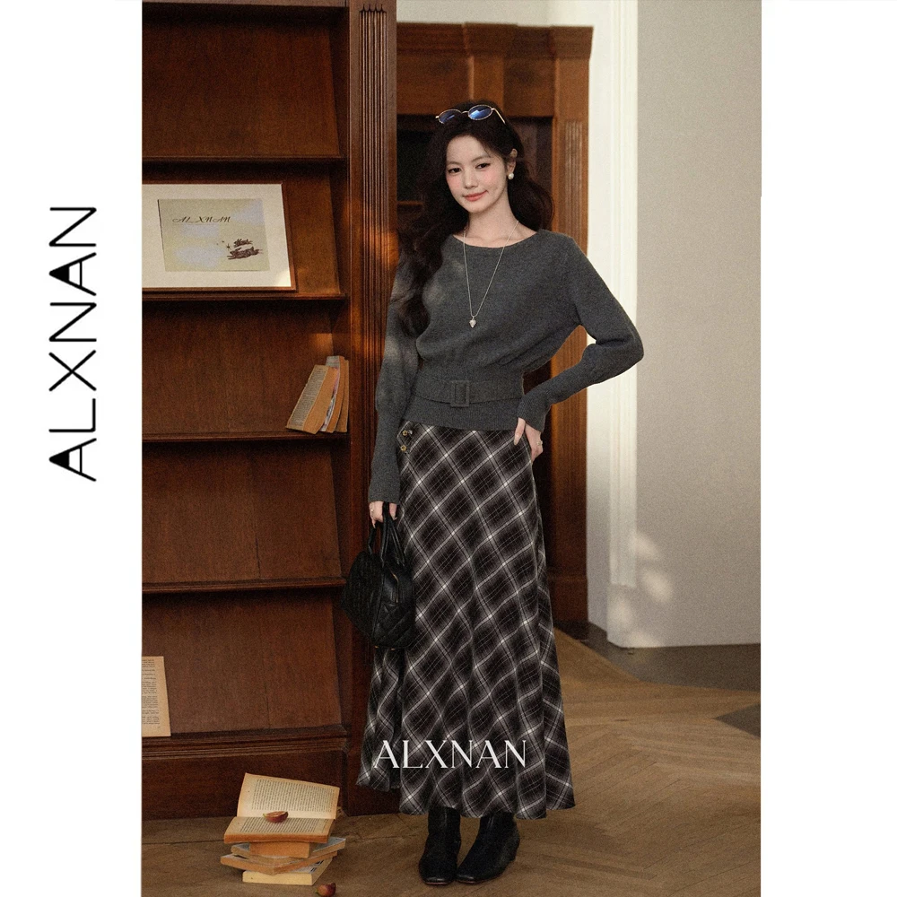 ALXNAN Dark Grey Sweater Women Autumn Winter Waisted Knit Pullover 2026 Elegant Fashion Casual Long Sleeve Top Ladies DYL663166