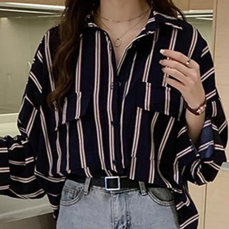 Korean Loose Casual Striped Blouse 2024 Spring Autumn Lapel Single-breasted Women\'s Clothing Commute Long Sleeve All-match Shirt