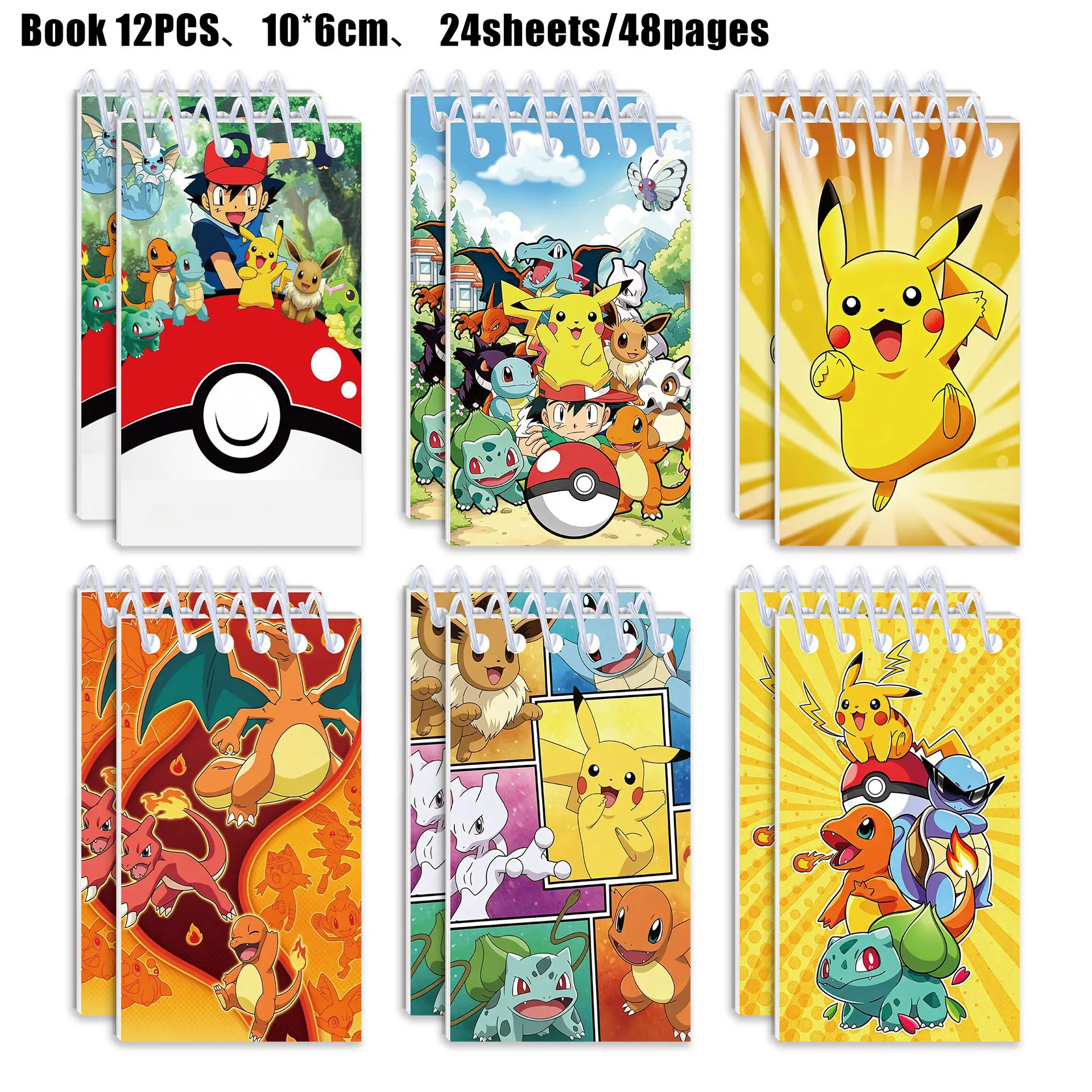 12/24Pcs Pokémon Spiral Notebooks Portable Writing Notepad School Office Stationery Birthday Party Decor Holiday Favor Gifts