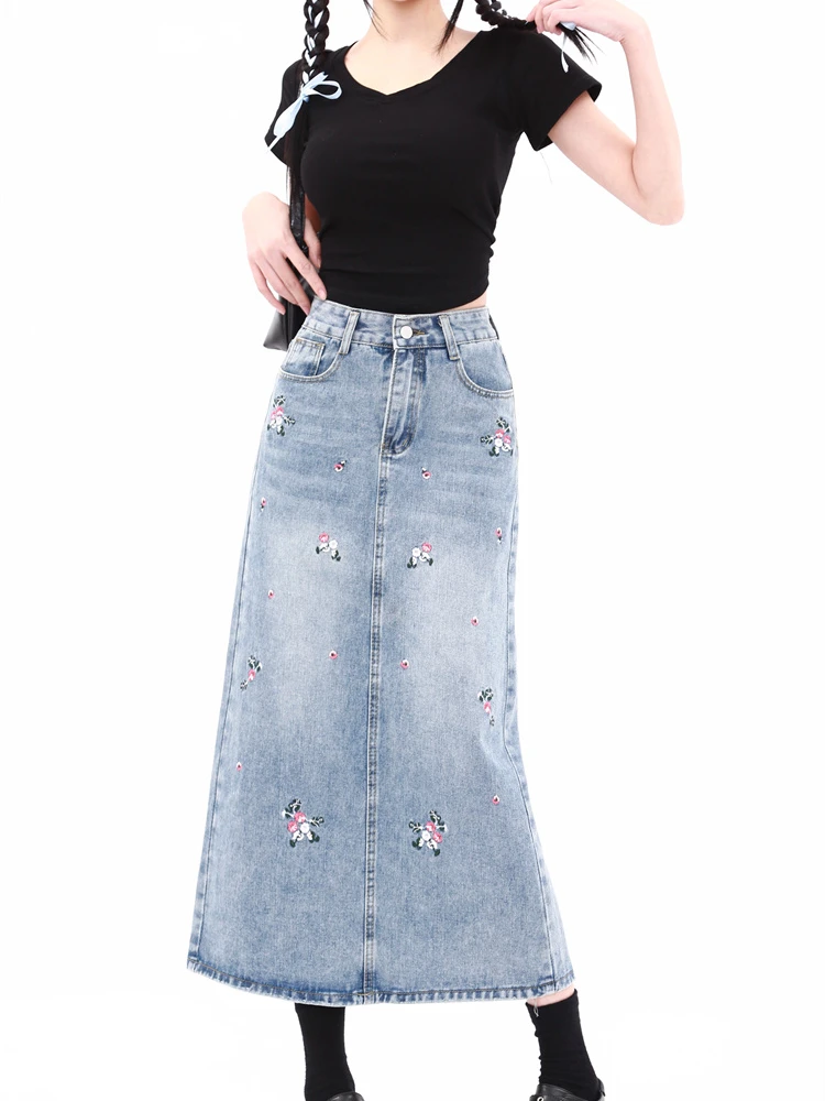 Skirts Women Fashion Denim Vintage Embroidery Washed Gradient Color Loose Streetwear Korean Style Youthful Charming Schoolgirls