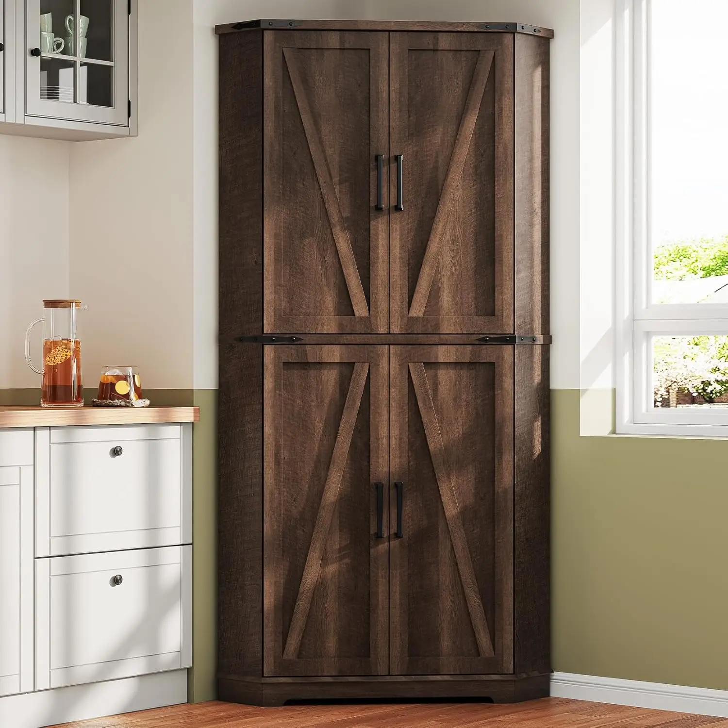 

71" Brown Corner Cabinet with LED Light, Farmhouse Kitchen Pantry with Adjustable Shelves for Living Room Storage