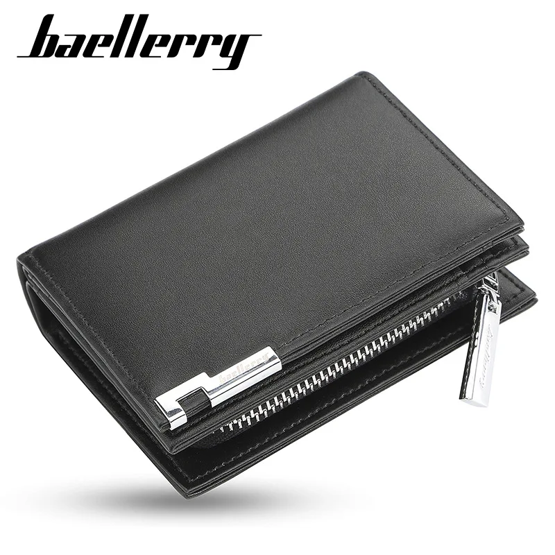 Baellerry Men's Short Wallet Card Clips Zipper Slim Blocking Multi-Card Slots PU Leather Large Capacity Wallets for Men