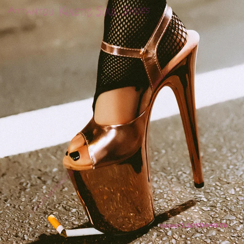 Champagne Light Gold Glossy Sandals 20cm 8 Inches Shiny Leather Peep Toe Pole Dancer Heels Platform Ankle Buckle Sexy Stage Shoe