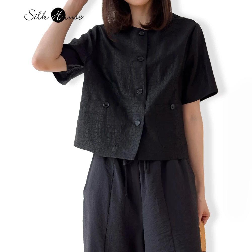 Women's Fashion Summer New Old Money Style 100% Natural Mulberry Silk Gambiered Guangdong Gauze Black Short Sleeve Coat