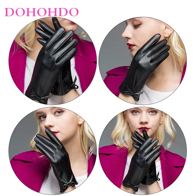 2026 السيدات شاشة تعمل باللمس الأسود بولي Leather الجلود الشتاء زائد المخملية الدافئة الدراجات في الهواء الطلق القيادة لطيف القوس قفازات امرأة قفازات جلدية