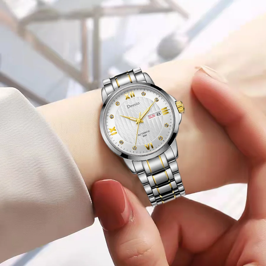 Deesio luxo automático mecânico japão movimento safira cristal casal relógio presentes para homens e senhoras clássico negócios reloj