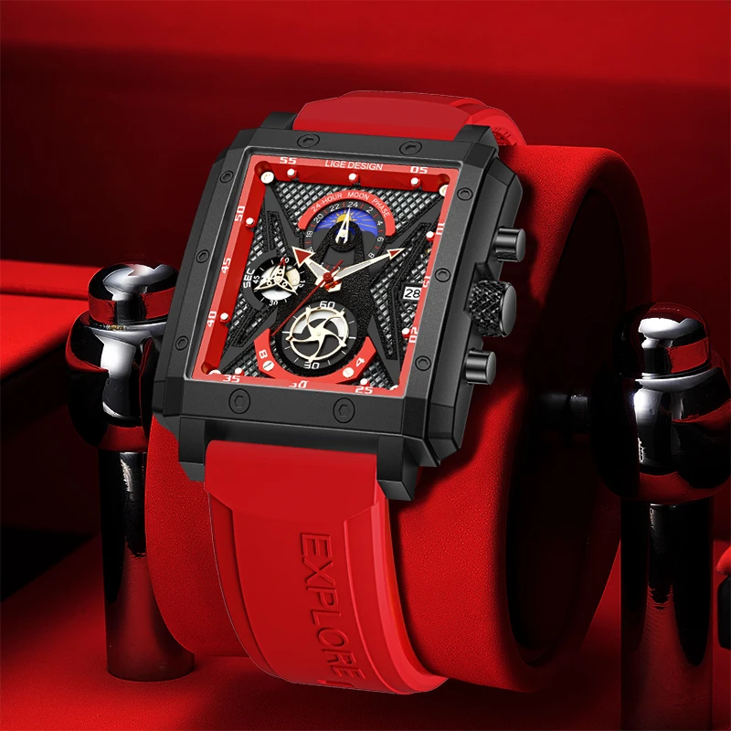 LIGE Fashion Sports Man Watches Large Dial Unique RectangularHollow Design Quartz Wristwatches Chrongraph Auto Date Reloj Hombre