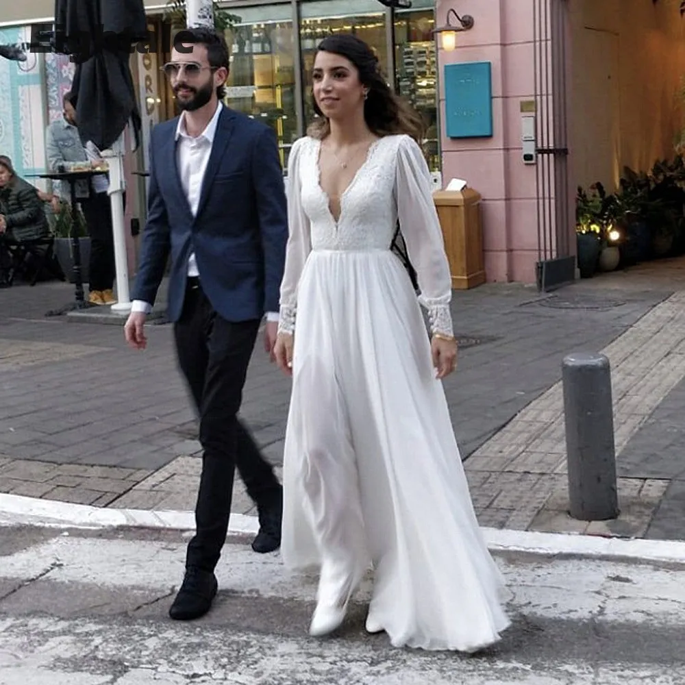 

Eightale Boho Wedding Dress Bohemian V-Neck Long Sleeves Backless Bridal Gowns White Ivory Chiffon Custom Made vestidos de novia