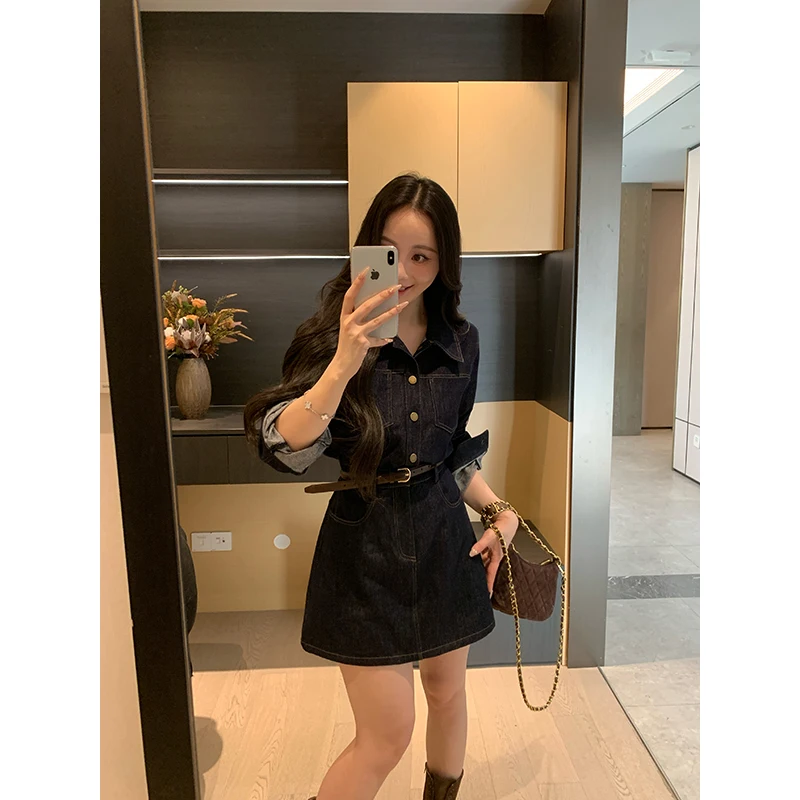 

Spring Vintage Original Jeans Color Slimming A-Line Dr High Waist Cotton Polyester Blend Long Sve Collar Commute S...