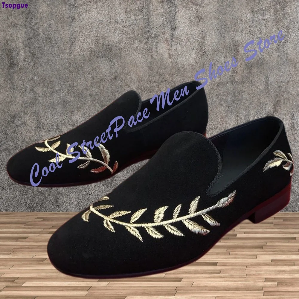 Fashion Men Round Toe Black Velvet Loafers Golden Leaf Embroidery Decor Slip On Evening Party Wedding Casual Dress Footwear