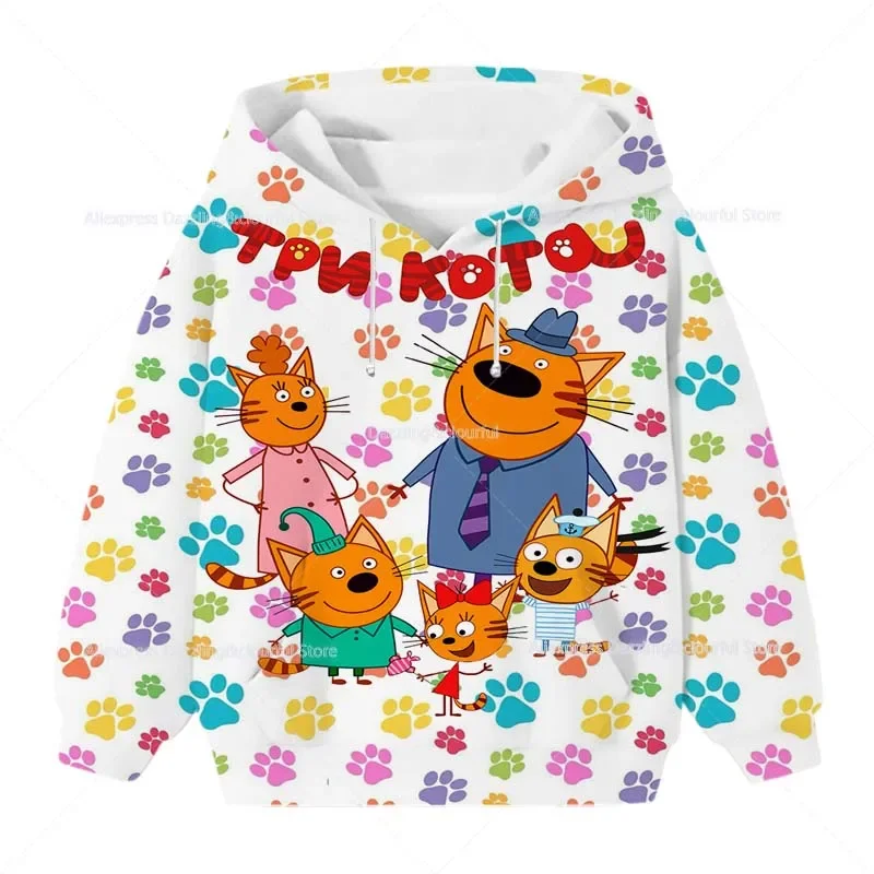 TpnkoTa Three Kittens Hoodies Russian My Family Three Happy Cats Sweatshirts Kids Boys Girls Child E Cats Pullover Infantil Gift