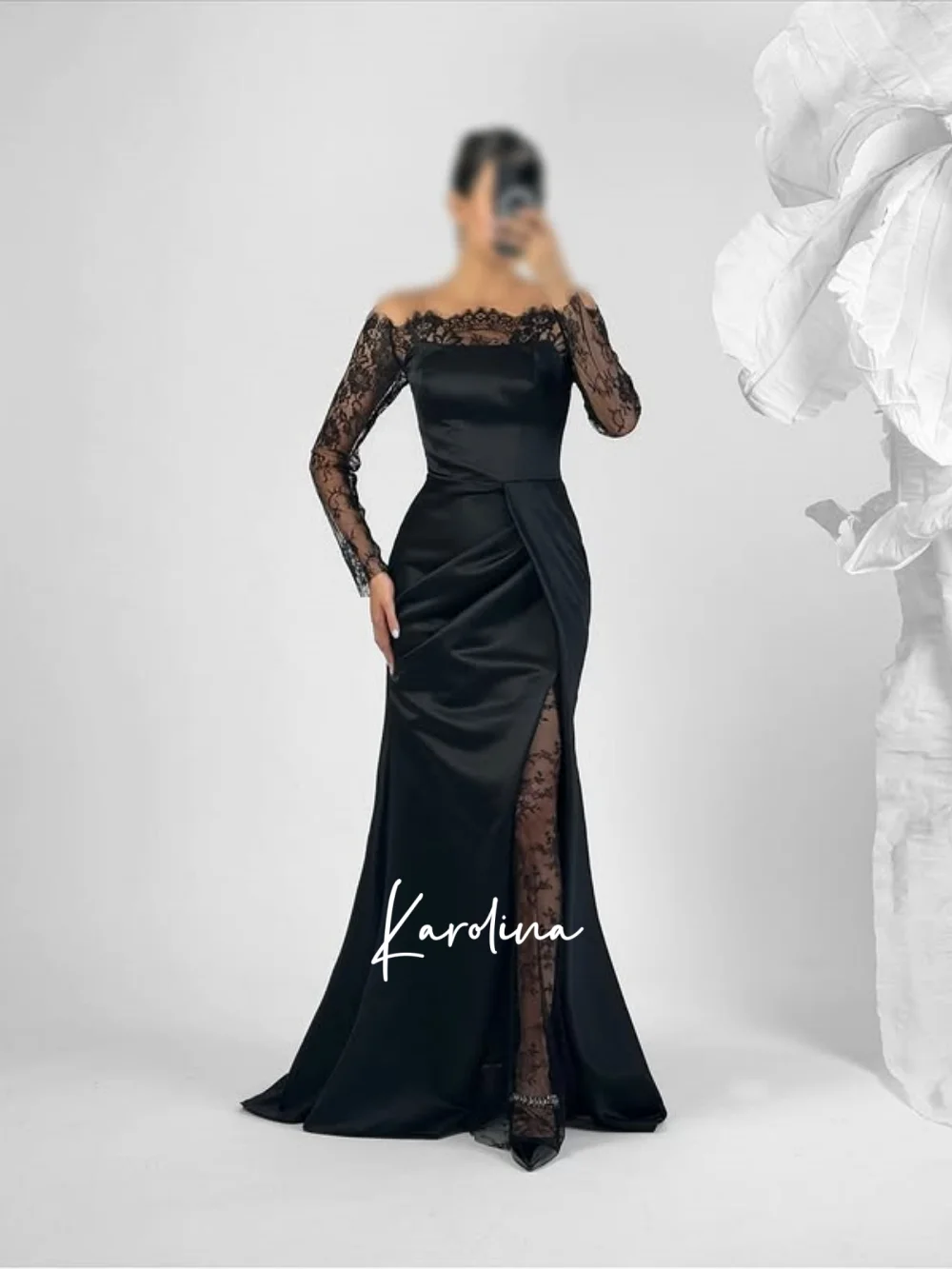 Vestido De noche azul marino con hombros descubiertos y manga De encaje, Jersey para Fiesta De graduación hasta el suelo, Vestidos De Fiesta personalizados