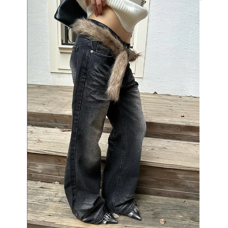 American Y2K Plus Size Washed Stacked Curved Jeans for Women Street Style Slim Fit Flattering Heavy Drape Denim Pants Fashion