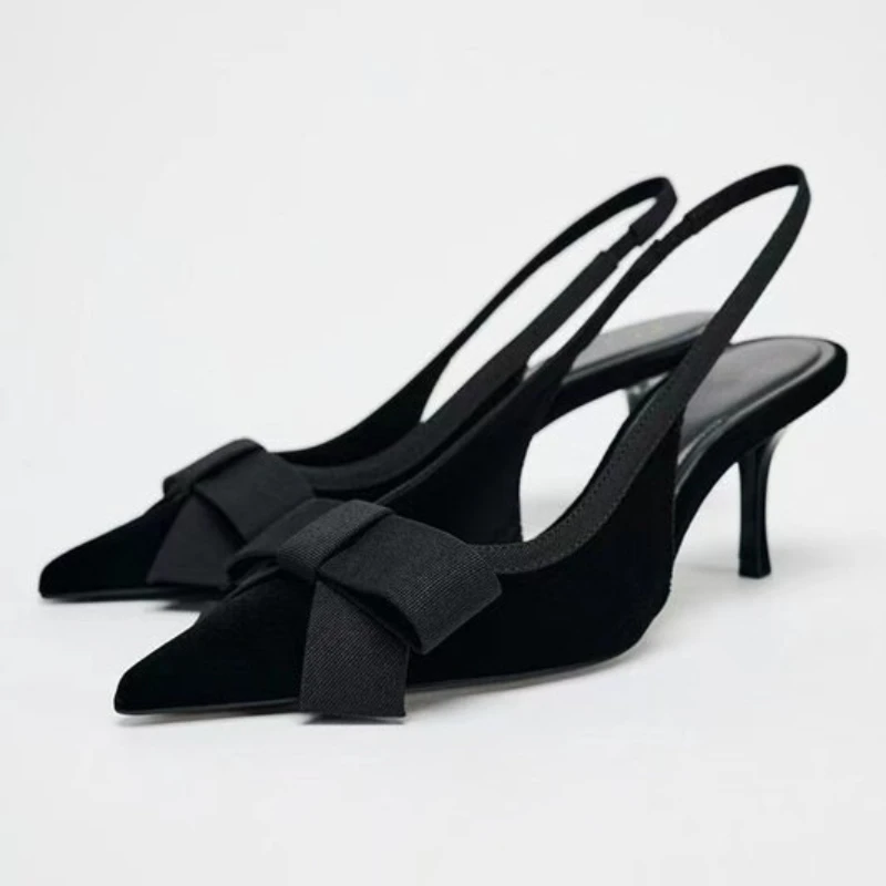 

2026 Women's High Heels Sandals Black Velvet Bow Slingback Stiletto Heel Pumps Office Party Evening Fashion Shoes Q-516