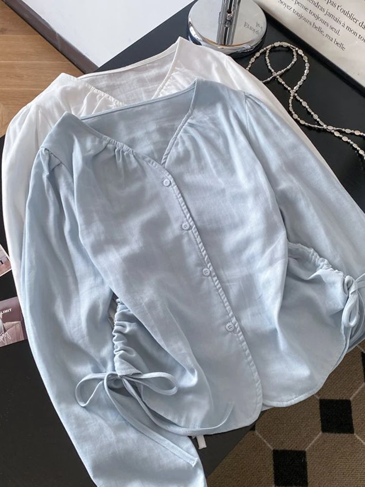 

Корейская женская блузка с длинным рукавом, V-образным вырезом, на одной пуговице, с завязками, весенняя новинка, элегантный омолаживающий топ
