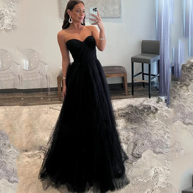 Sweetheart plisat abiti da sera donna Backless Tulle Formal Party Custom Made elegante Dance Gala Prom Gown Black Vestido De