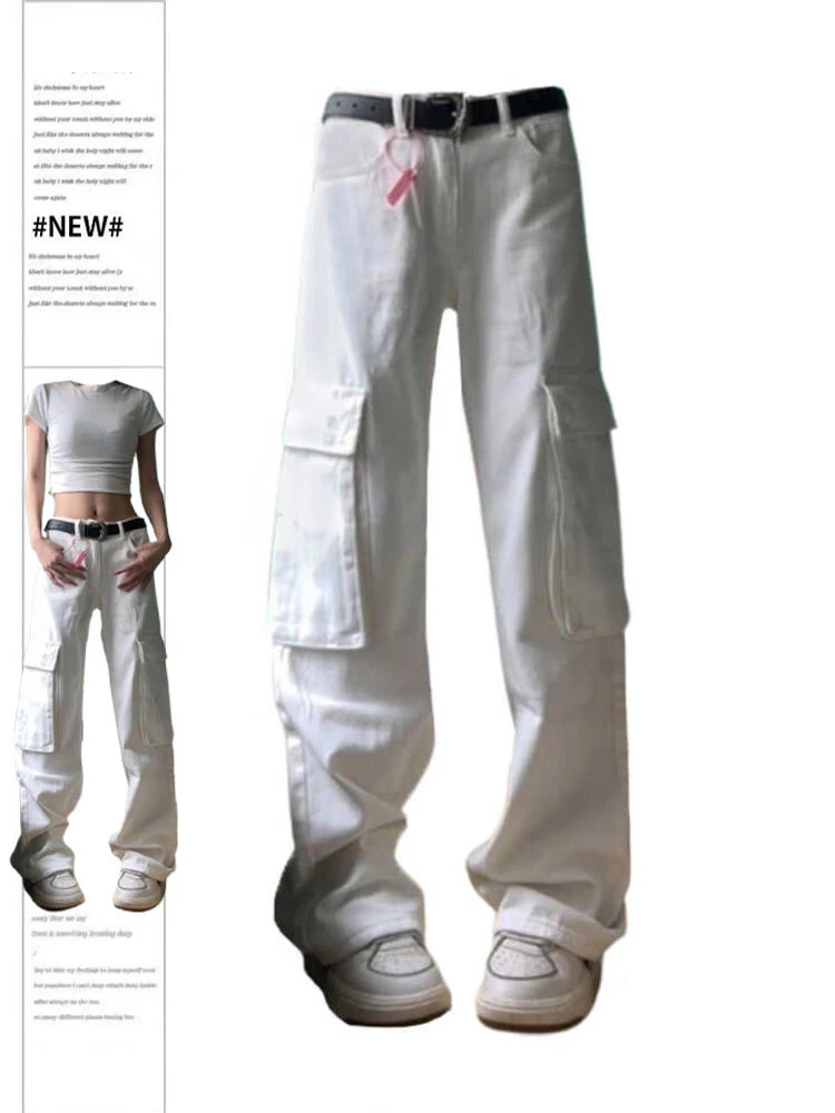 

Women's White Y2k Cargo Jeans Harajuku Streetwear 90s Denim Trousers Y2k Jean Pants Vintage Japanese 2000s Style Trashy Clothes
