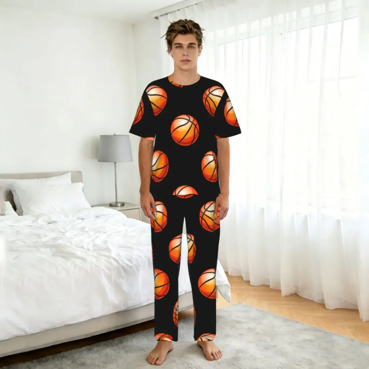 Men Pajamas Suit Short Sleeved Long Pants Basketball Ball Print Sleepwear Summer Home Clothing Set view 5