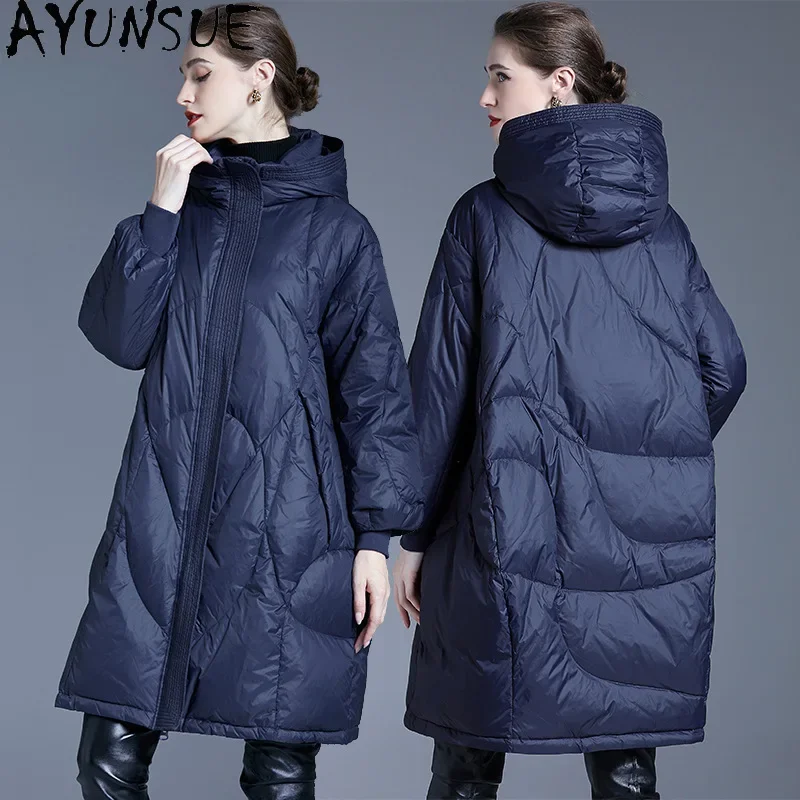 AYUNSUE White Duck Down Puffer Jacket Women with Hood 2024 Winter Long Coat Warm Down Coats Oversize Womans Clothing Пуховики