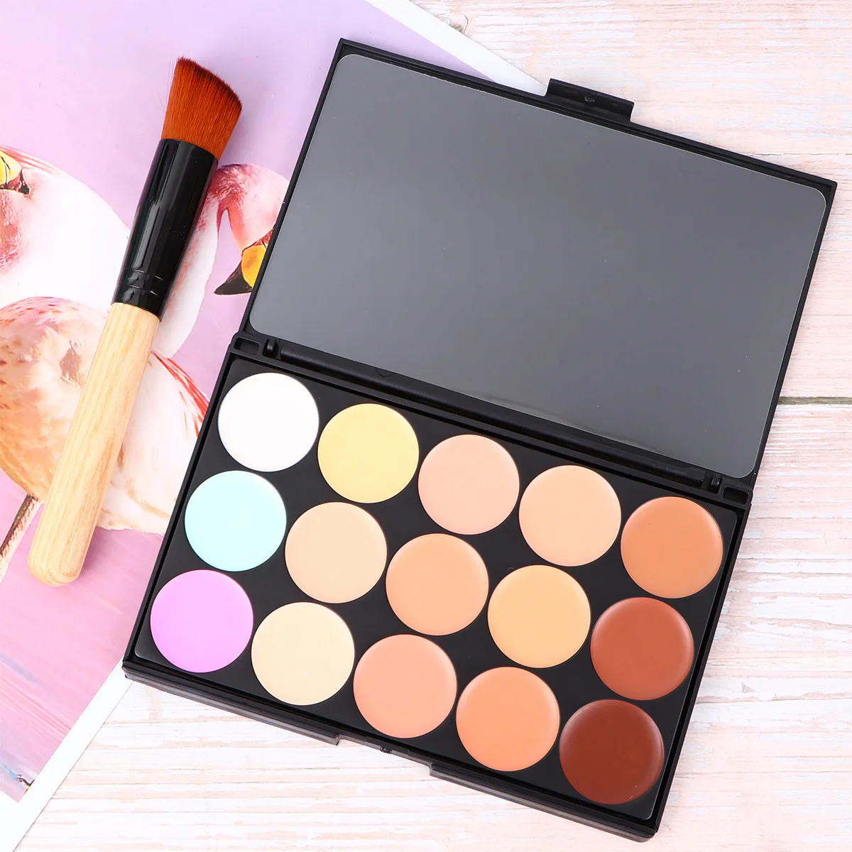 Paleta de Corrector de 15 Colores con Brocha para el Rostro, Crema de Cobertura, Base de Maquillaje Perfecta, Set de Viaje, Apto para Todo Tipo de Piel