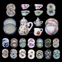 15pcs 1:6/1:12 Miniature Food Play Ceramic Mini Tea Cup Set Printed Pattern Tableware Kitchen Dollhouse Furniture Toys for Kids