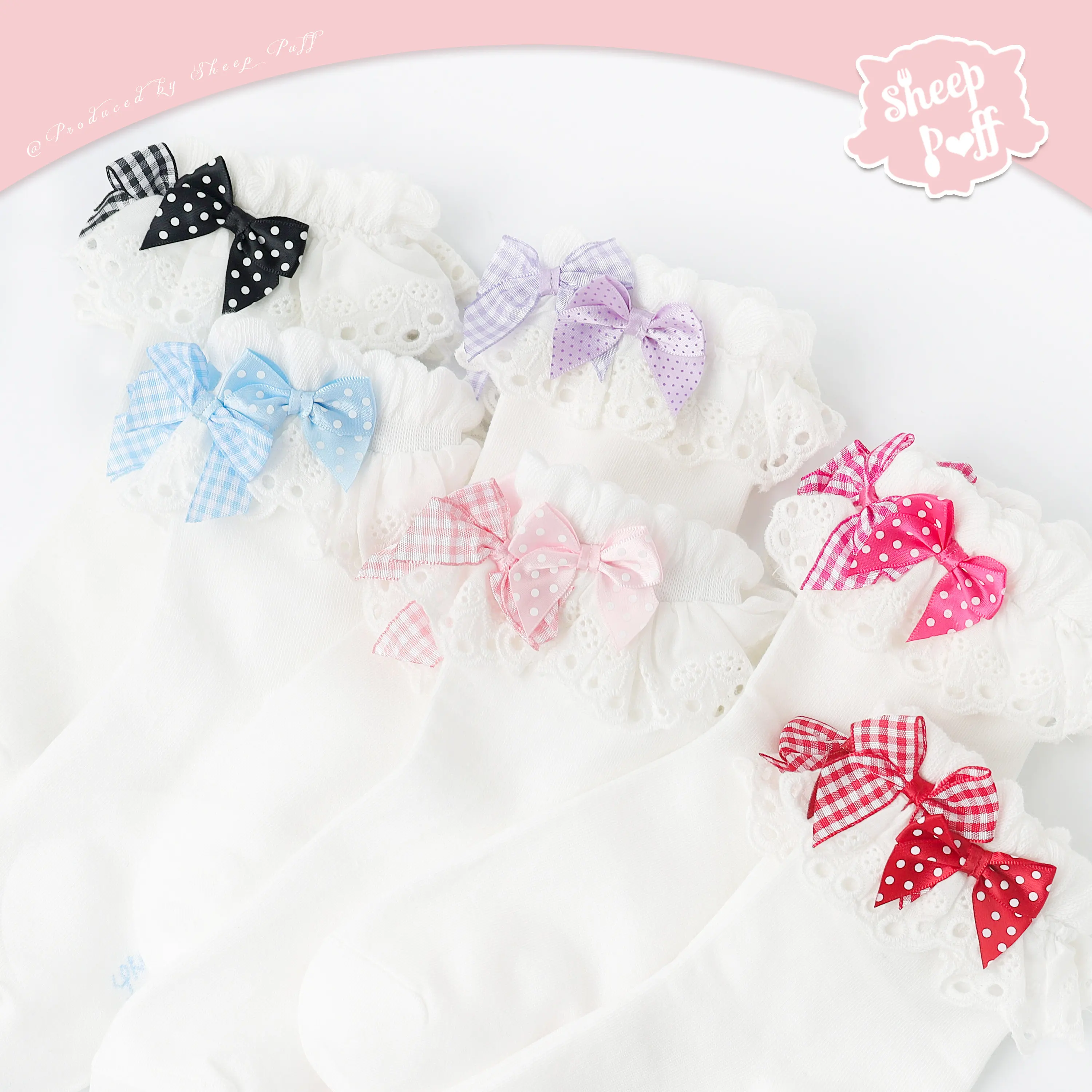 Original polka dot plaid bow lace spring and summer Lolit short socks cotton socks solid color girl socks