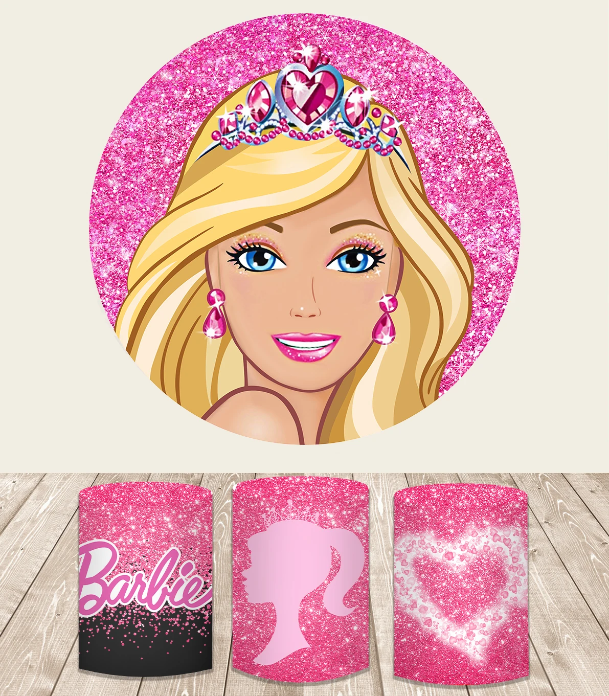 Blonde Barbie Princess Photo Backdrop for Girls Birthday Party Pink Round Photography Background Elastic Photocall Banners