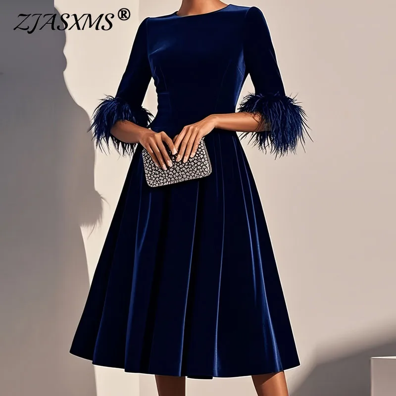 

Retro Solid Soft Velvet Elegant Party Dress Woman Sexy O Neck High Waist A-Line Dress Spring Fall Half Sleeve Feather Long Dress