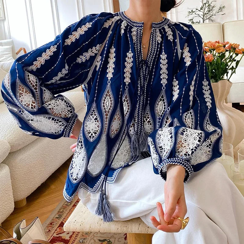 Boho Embroidered Design Blue Blouse Crochet Floral Long Sleeve Shirt French Style Autumn Woman Clothing Vacation Tops